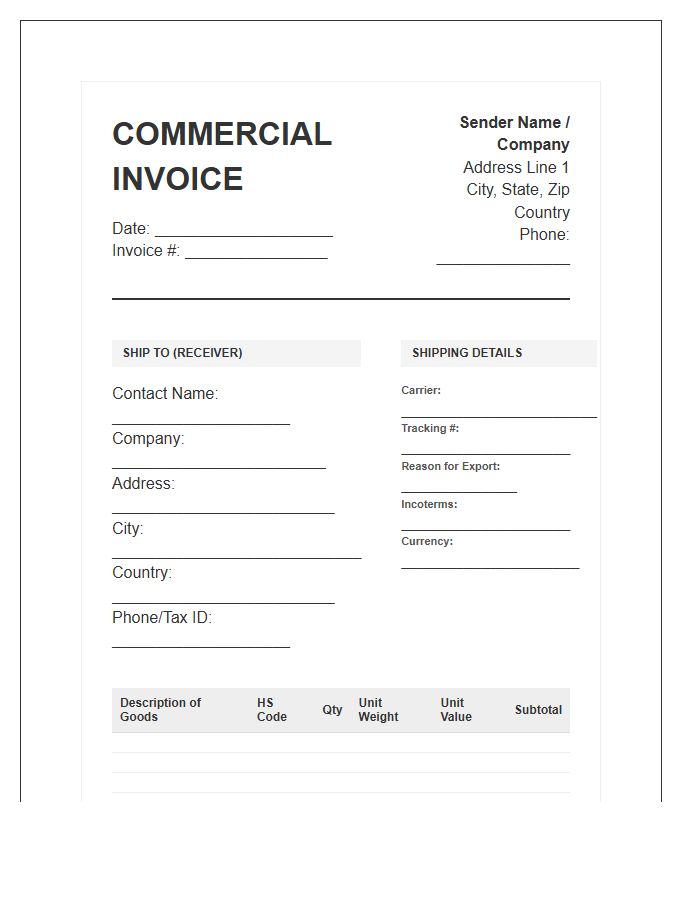 International Parcel Shipping Invoice Template