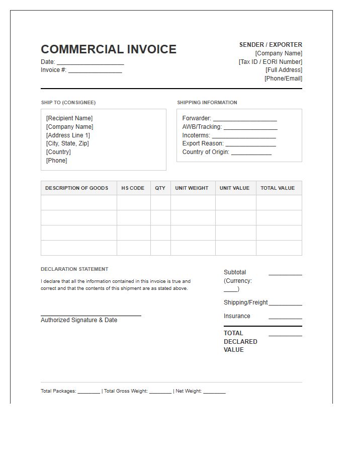 International Product Shipping Invoice Template