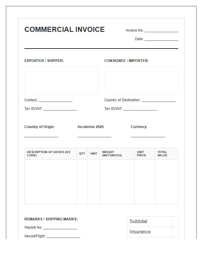 International Trade Document Shipping Invoice Template