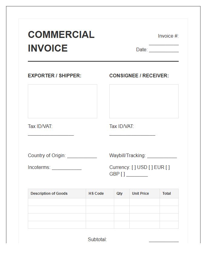 Multi Currency International Shipping Invoice Template