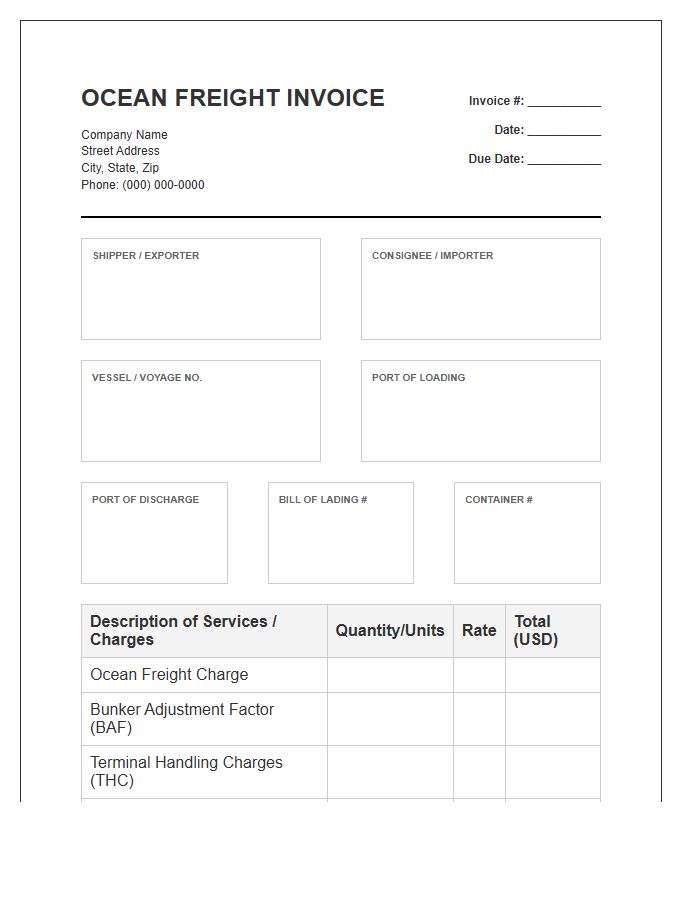 Ocean Freight International Shipping Invoice Template