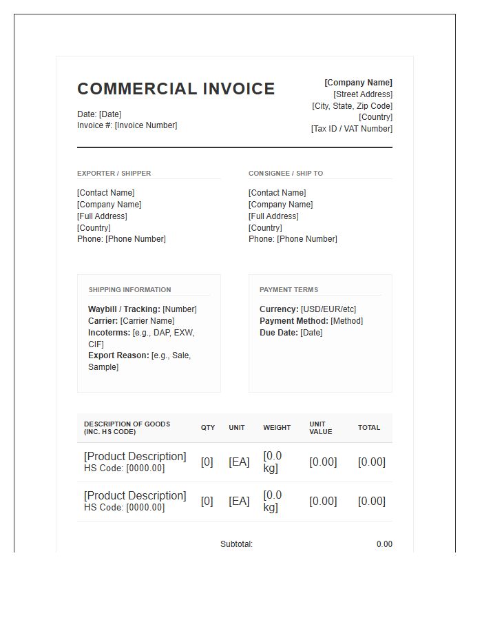 Professional International Shipping Invoice Template