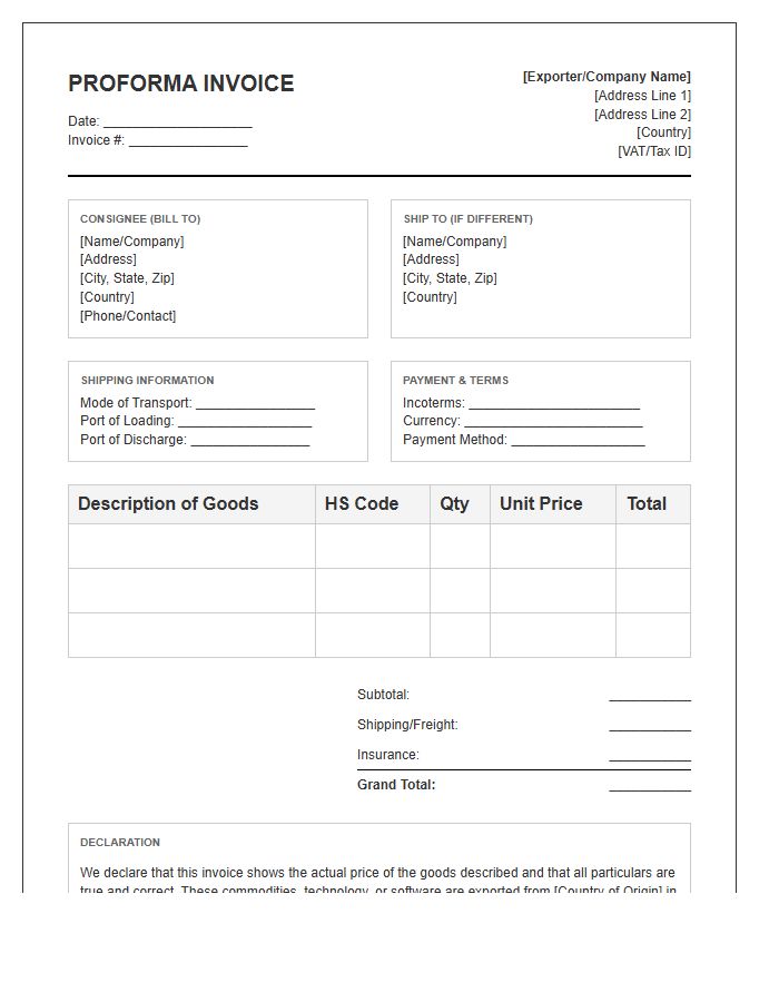 Proforma International Shipping Invoice Template