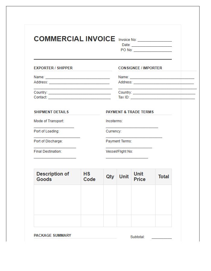 Standard International Cargo Shipping Invoice Template