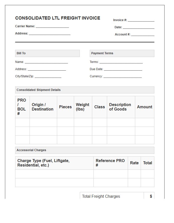 Consolidated LTL Freight Invoice Template