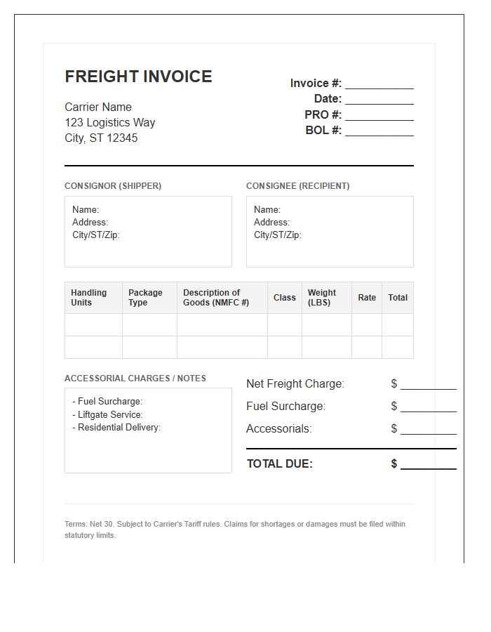 Heavy LTL Freight Invoice Template