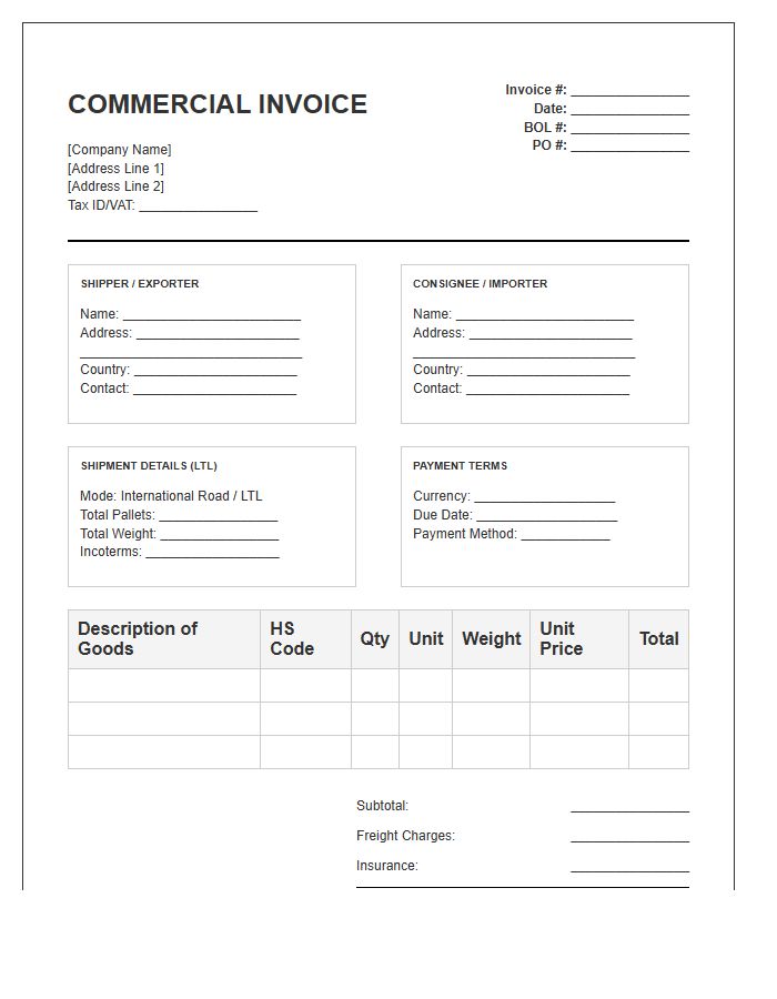 International LTL Shipment Invoice Template