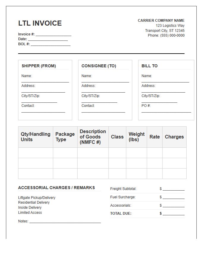 Less Than Truckload Shipping Invoice Template