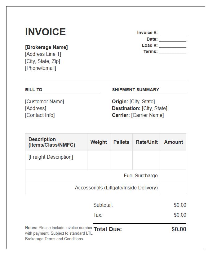 LTL Brokerage Services Invoice Template
