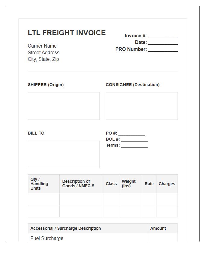 LTL Cargo Transportation Invoice Template