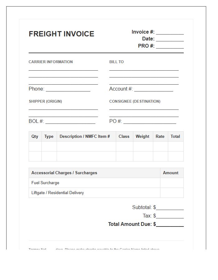 LTL Carrier Billing Invoice Template