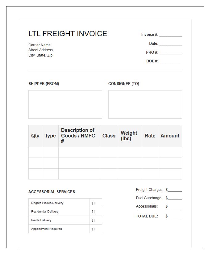 LTL Freight Shipping Invoice Template