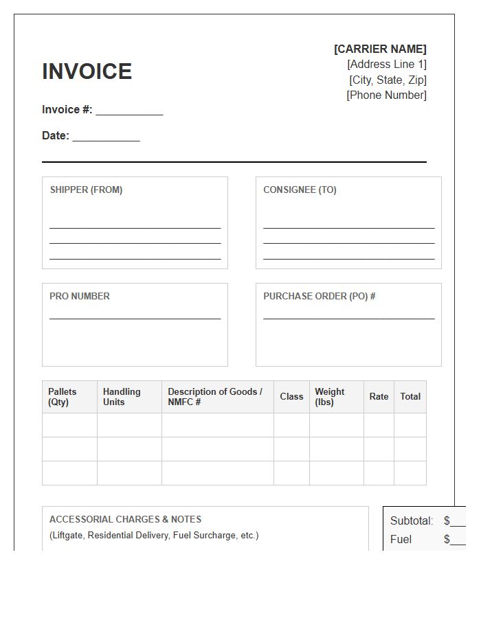 LTL Pallet Shipping Invoice Template