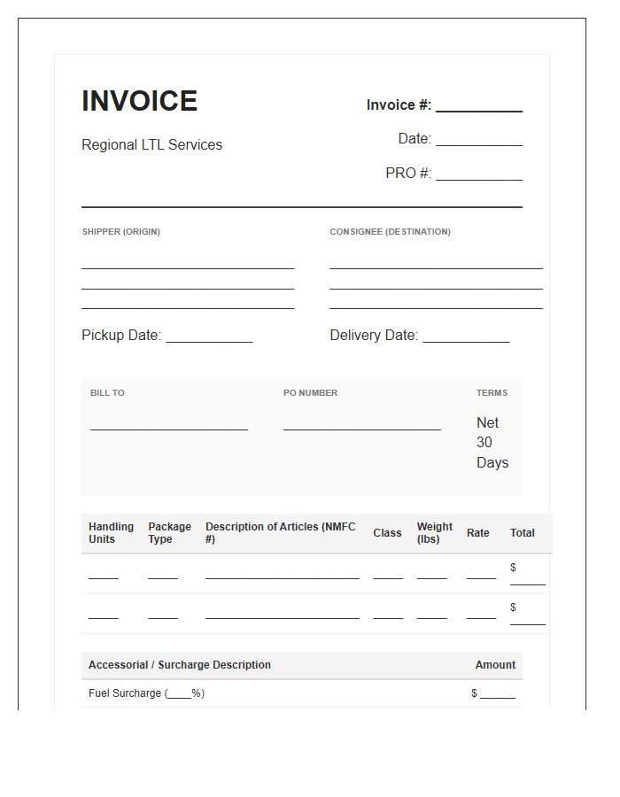 Regional Less Than Truckload Invoice Template