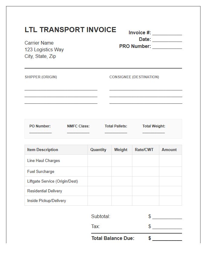 Specialized LTL Transport Invoice Template