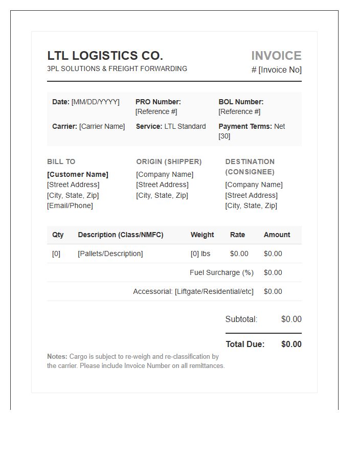 Third Party LTL Logistics Invoice Template