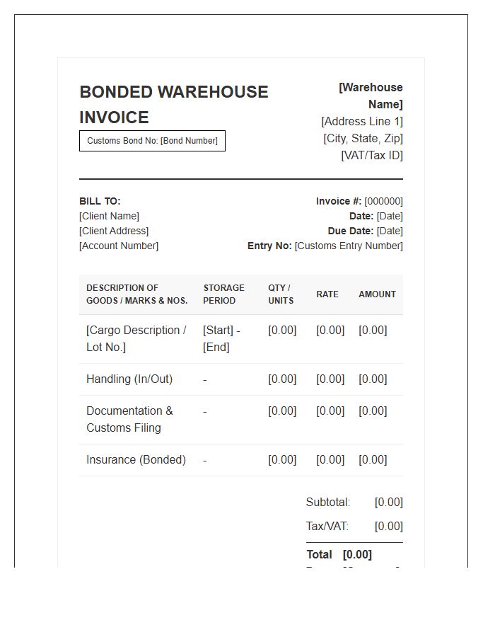 Bonded Warehouse Storage Invoice Template