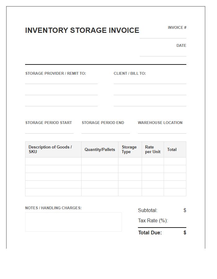 Commercial Inventory Storage Invoice Template