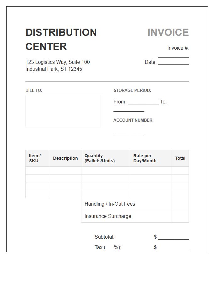 Distribution Center Storage Invoice Template