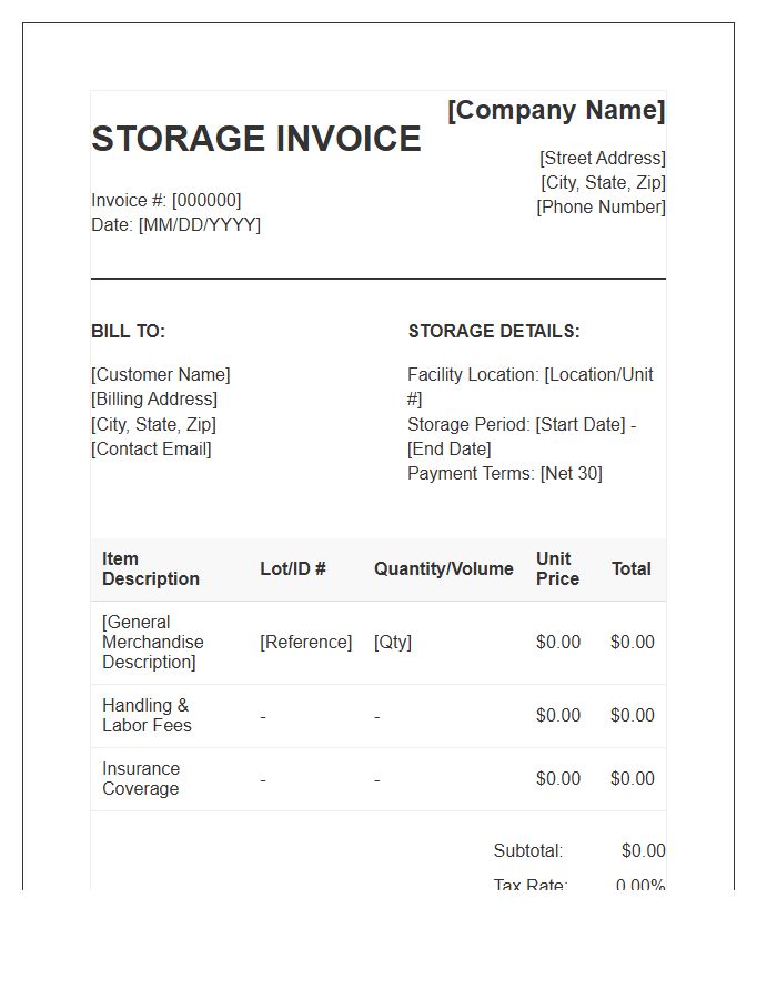 General Merchandise Storage Invoice Template