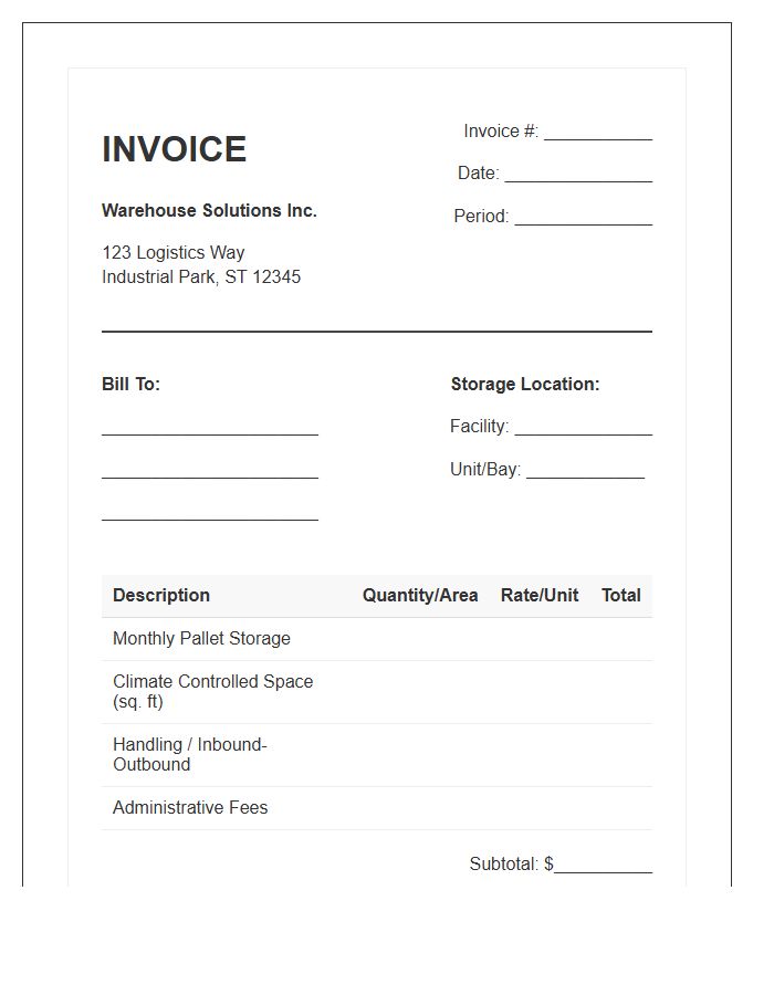 Monthly Warehouse Storage Invoice Template