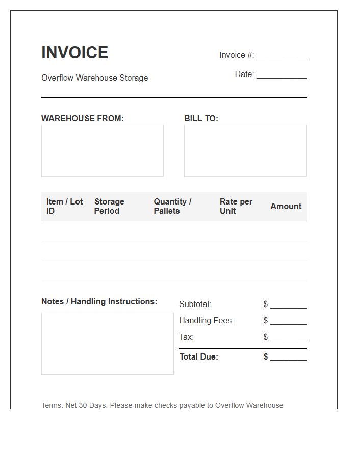 Overflow Warehouse Storage Invoice Template