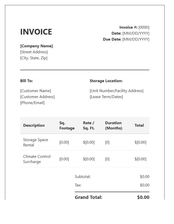 Per Square Foot Storage Invoice Template
