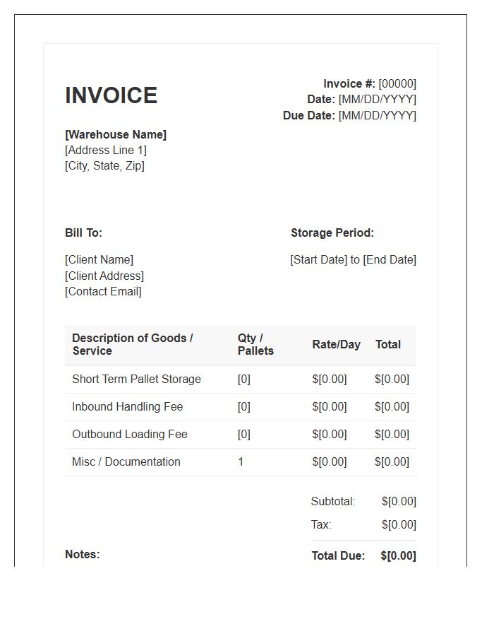 Short Term Warehouse Invoice Template