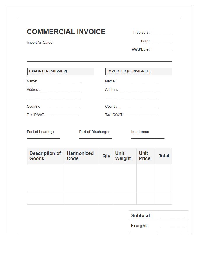 Professional Air Cargo Invoice Template for Logistics and Freight ...