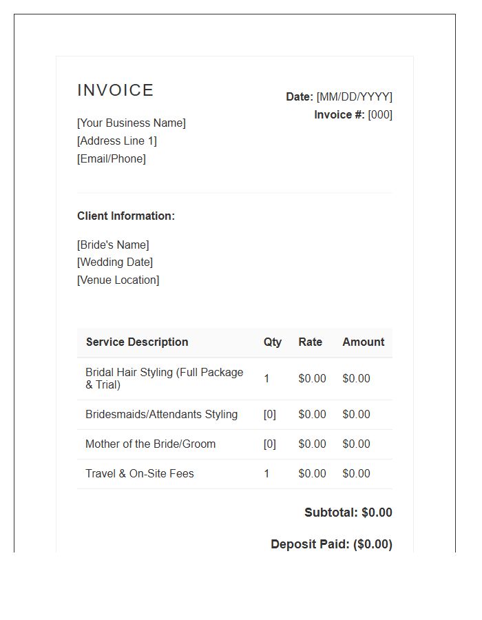 Bridal Hair Styling Package Invoice Template