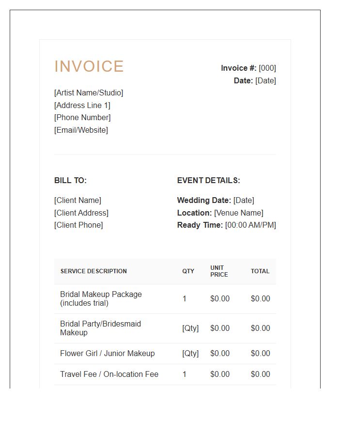 Bridal Makeup Artist Service Invoice Template
