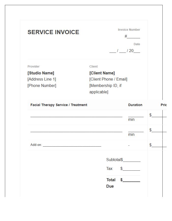 Facial Therapy Session Service Invoice Template