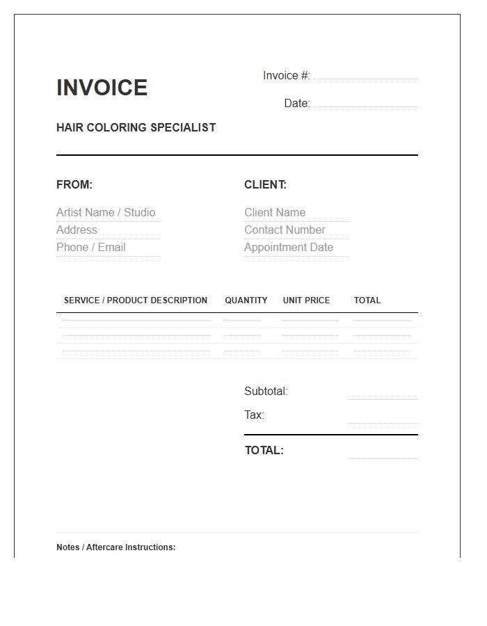 Hair Coloring Specialist Service Invoice Template