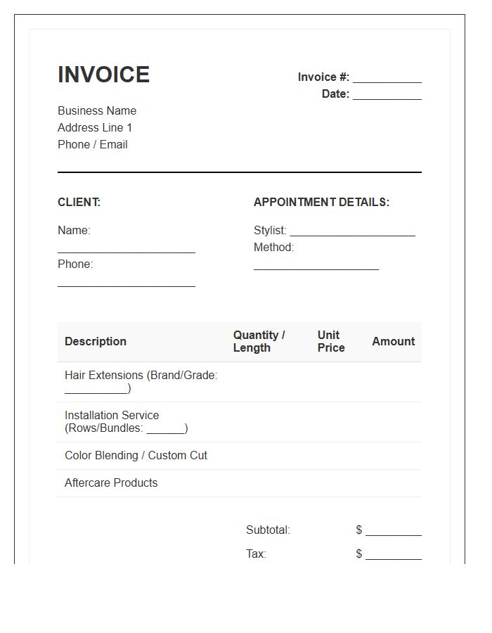 Hair Extension Installation Service Invoice Template