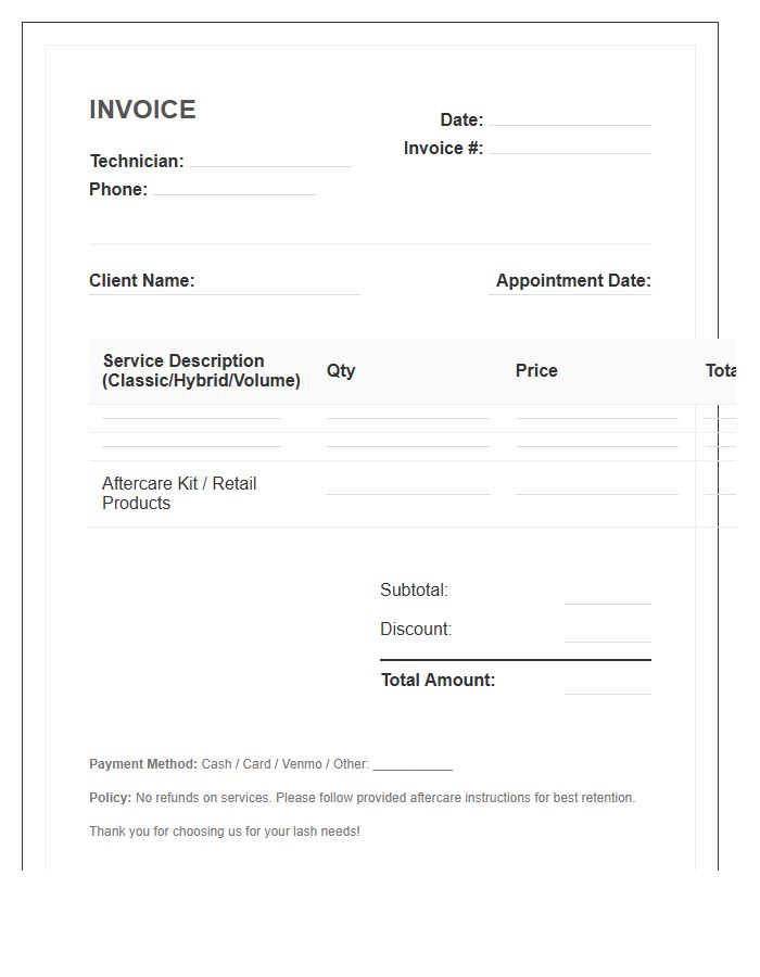 Lash Extension Technician Service Invoice Template
