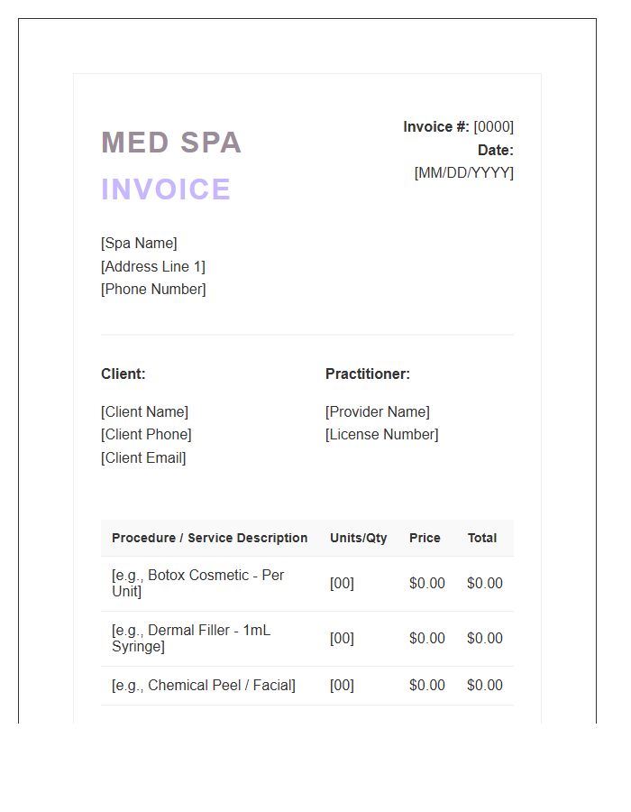 Med Spa Cosmetic Procedure Invoice Template