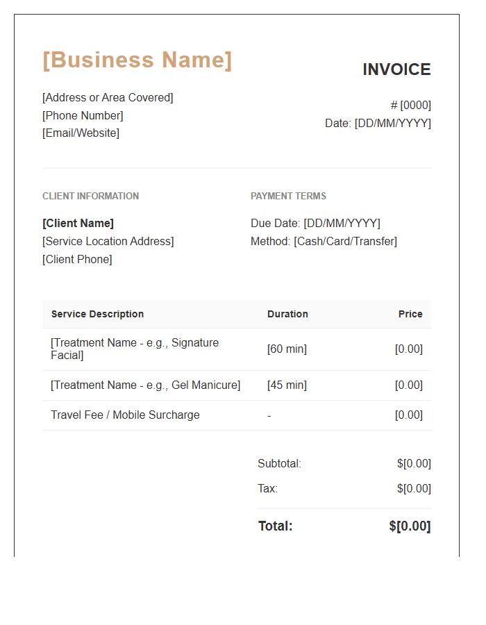 Mobile Beauty Therapist Billing Invoice Template