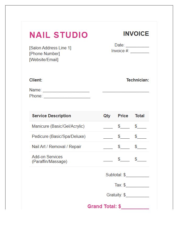 Nail Salon Manicure Pedicure Invoice Template
