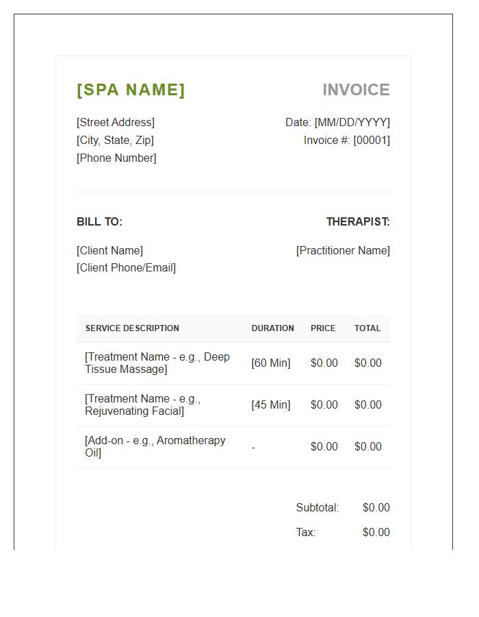 Professional Spa Treatment Service Invoice Template