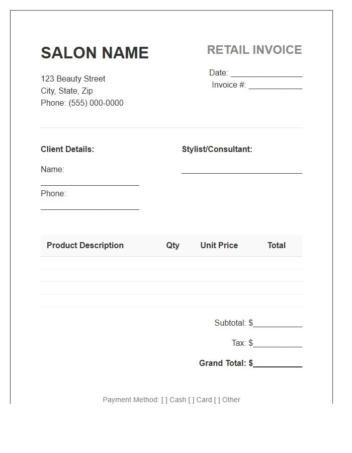 Salon Retail Product Sale Invoice Template
