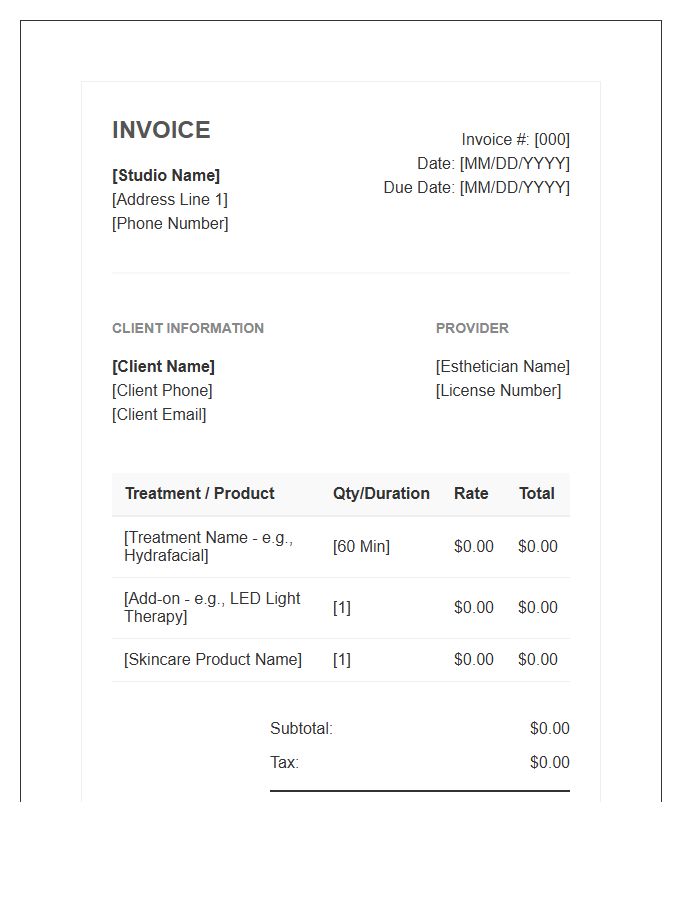 Skin Care Treatment Esthetician Invoice Template