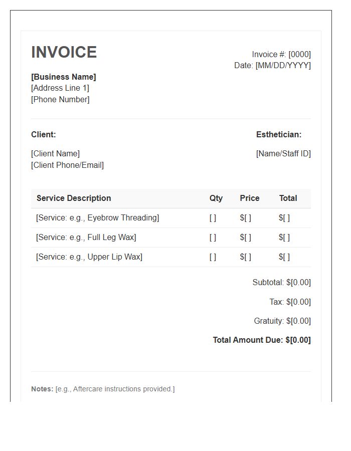 Waxing And Threading Service Invoice Template