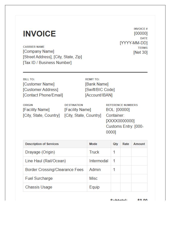 Cross Border Intermodal Invoice Template