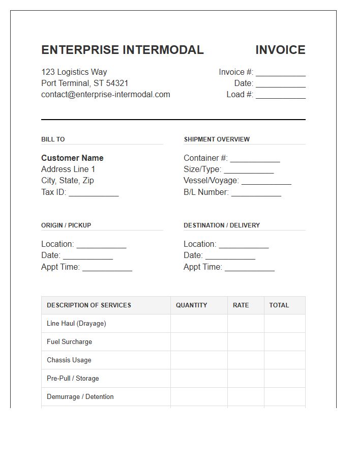 Enterprise Intermodal Carrier Invoice Template