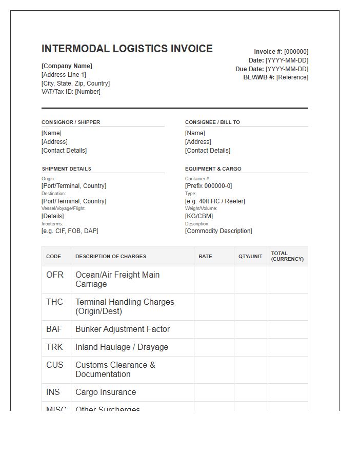 International Intermodal Logistics Invoice Template
