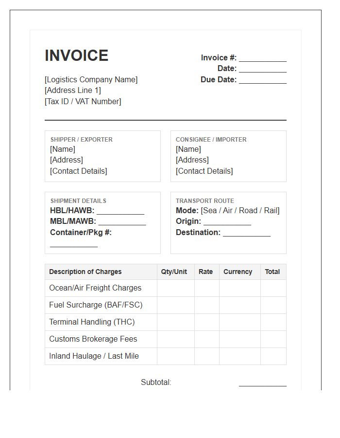 Multimodal Freight Logistics Invoice Template