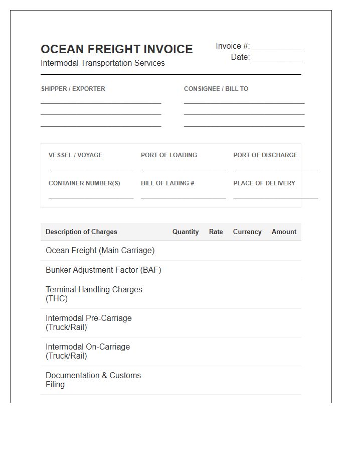 Ocean Freight Intermodal Invoice Template