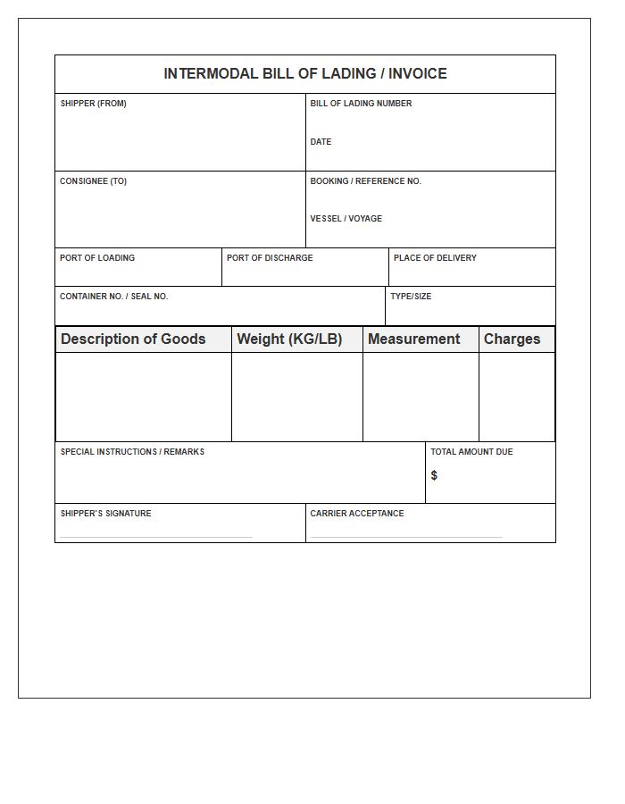 Standard Intermodal Bill Invoice Template