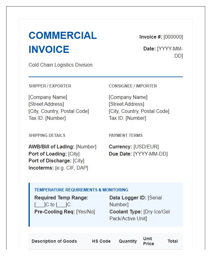 International Cold Chain Shipping Invoice Template
