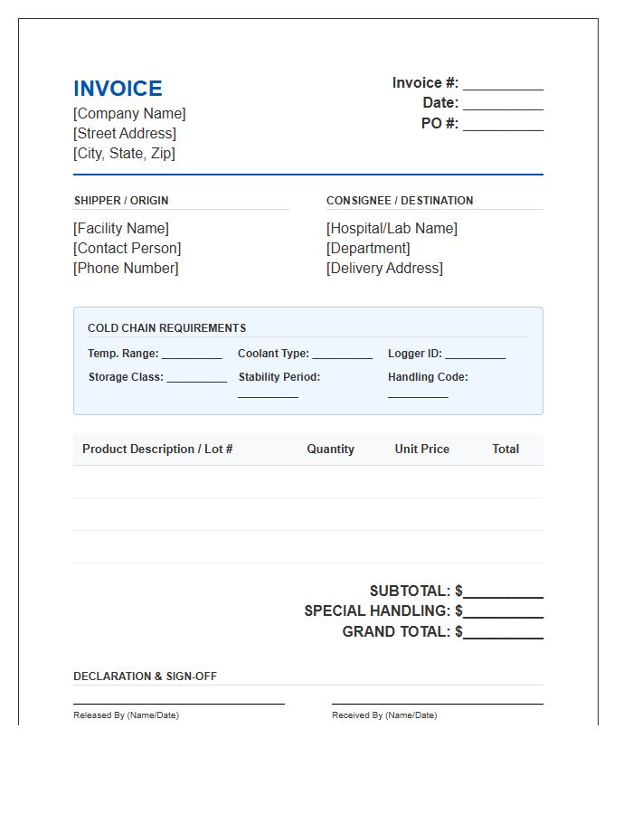 Medical Cold Chain Shipping Invoice Template